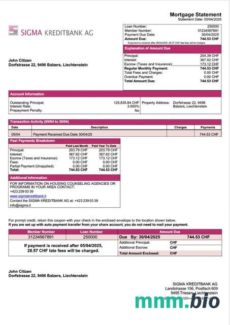 Liechtenstein SIGMA KREDITBANK AG wyciąg z kredytu hipotecznego szablon Word i PDF